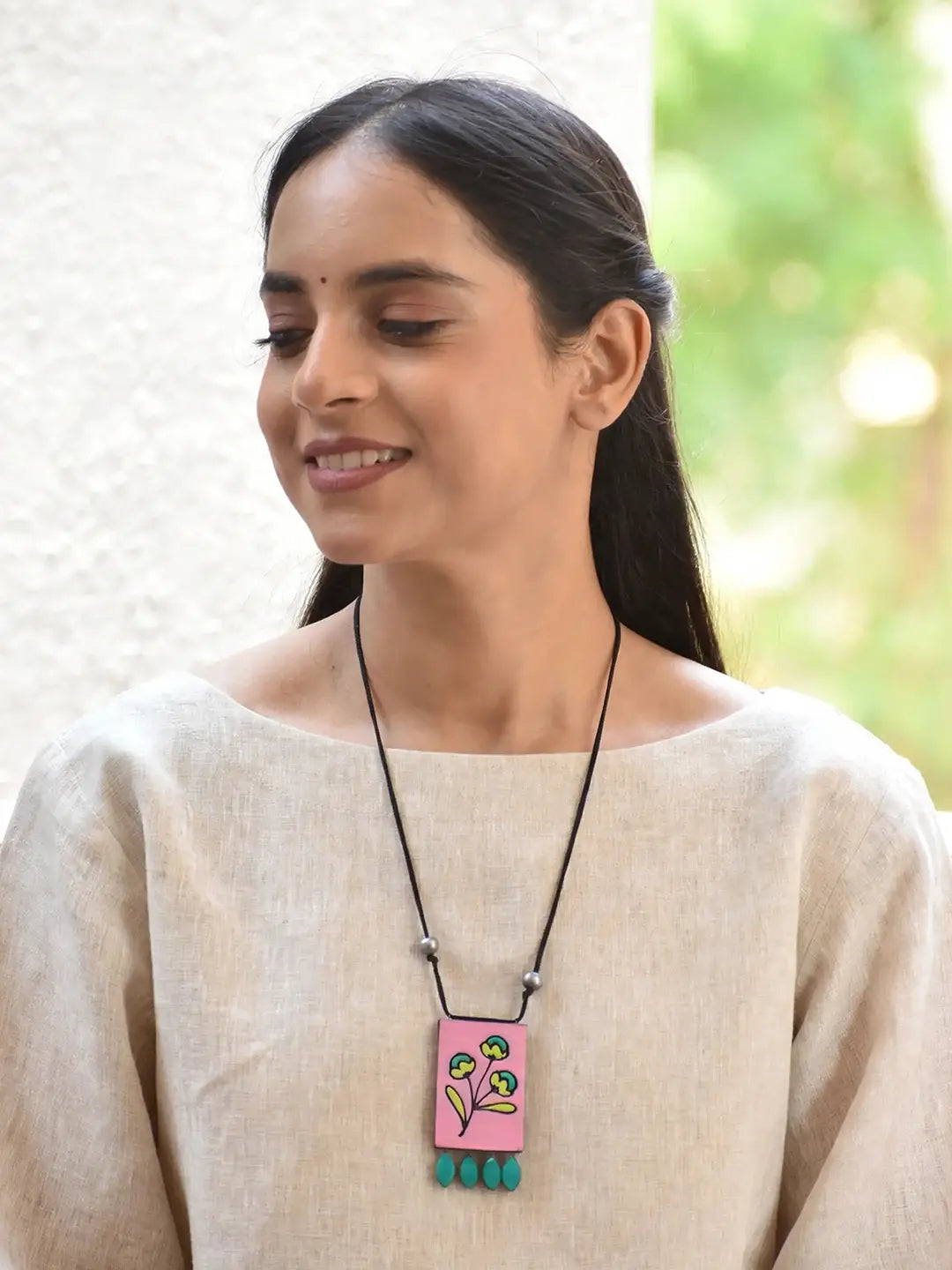 Pink Green Yellow Rectangular Floral Design Minimalistic Handmade Terracotta Necklace