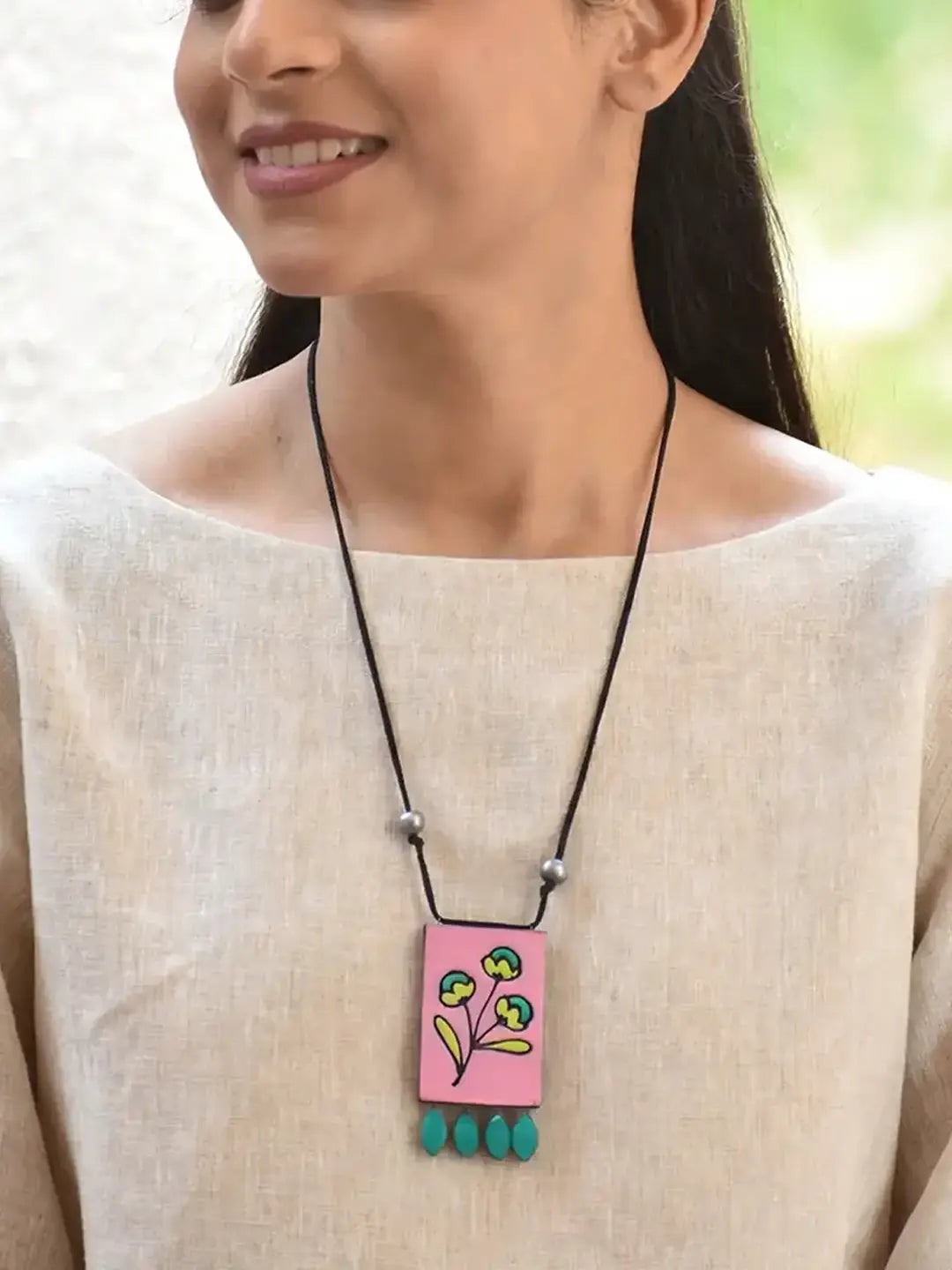 Pink Green Yellow Rectangular Floral Design Minimalistic Handmade Terracotta Necklace