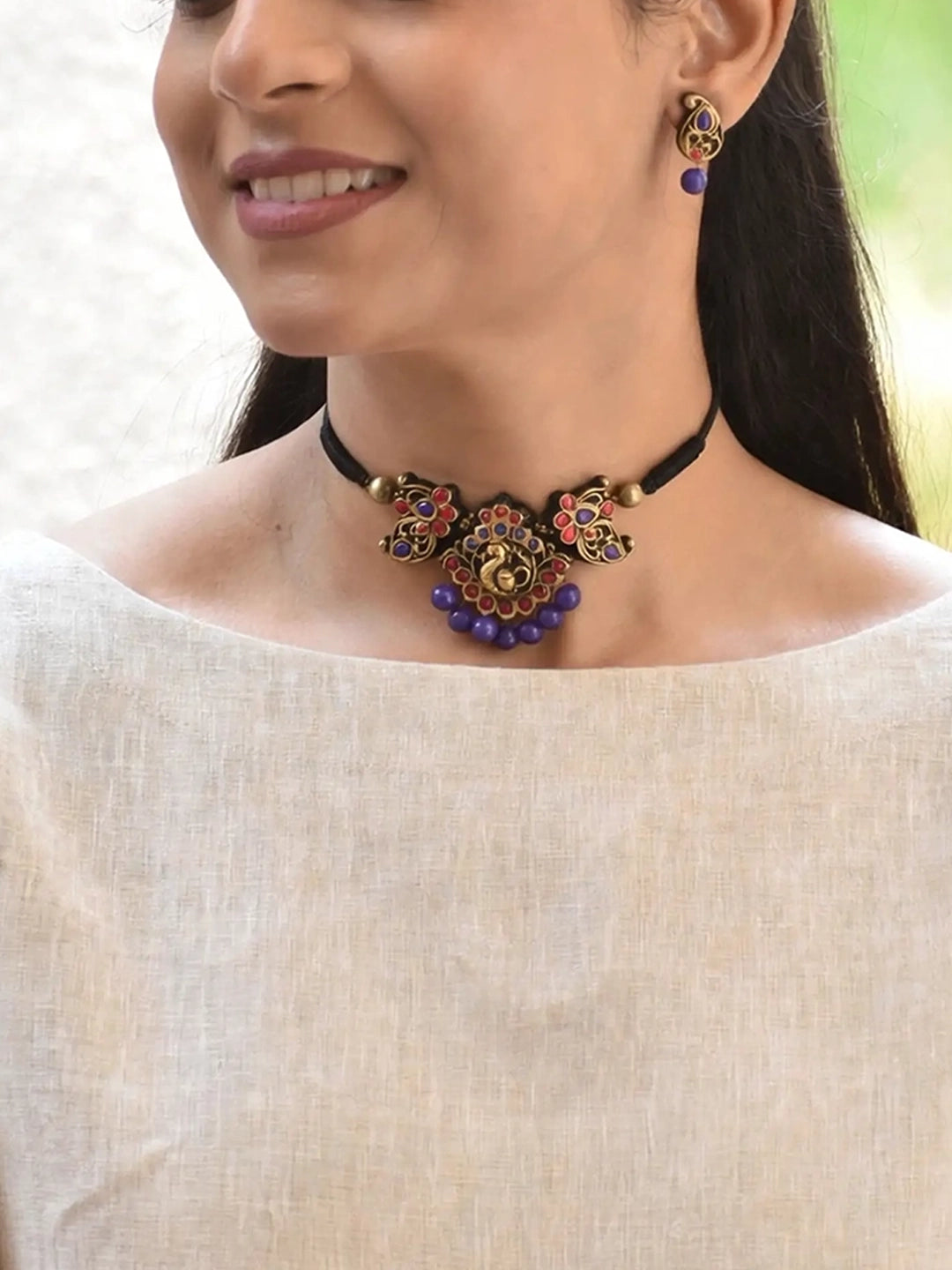 Antique Gold Purple Pink Minimalistic Handmade Terracotta Necklace Set
