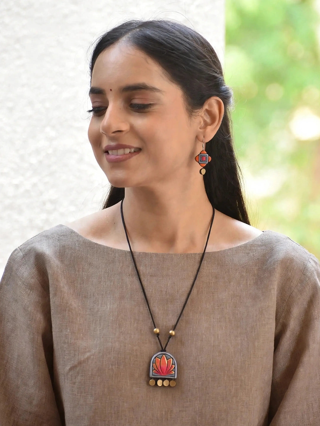 Lotus Design Grey Orange Antique Gold Handmade Terracotta Necklace Set