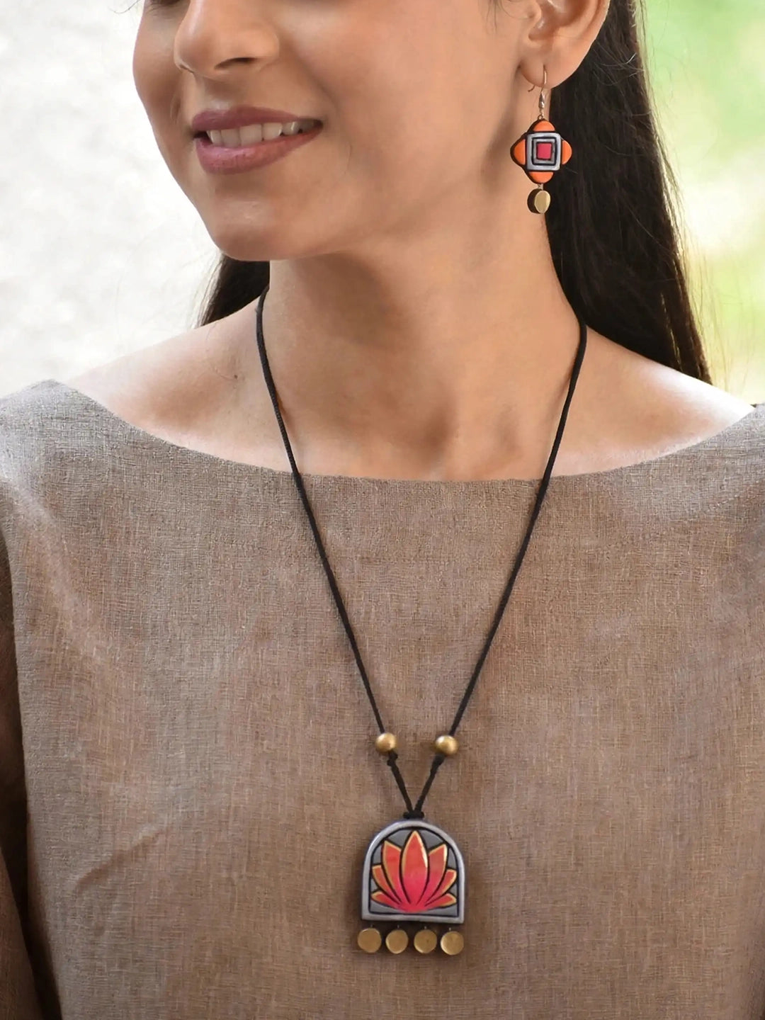 Lotus Design Grey Orange Antique Gold Handmade Terracotta Necklace Set