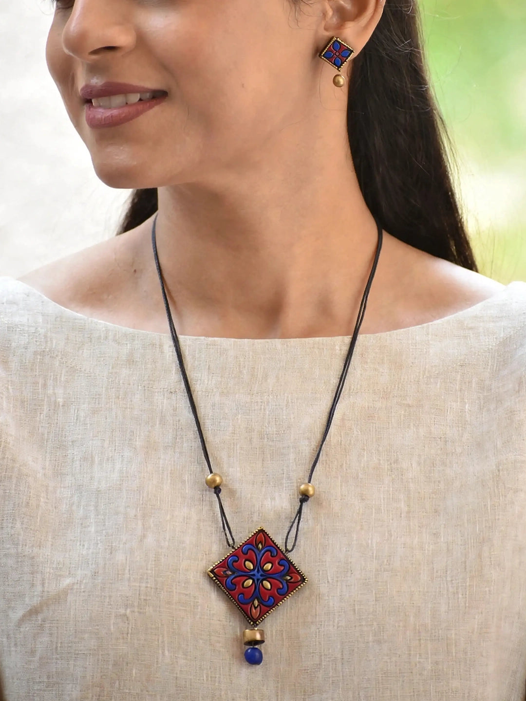 Rhombus Design Mandala Art Work Pink Blue Handmade Terracotta Necklace Set
