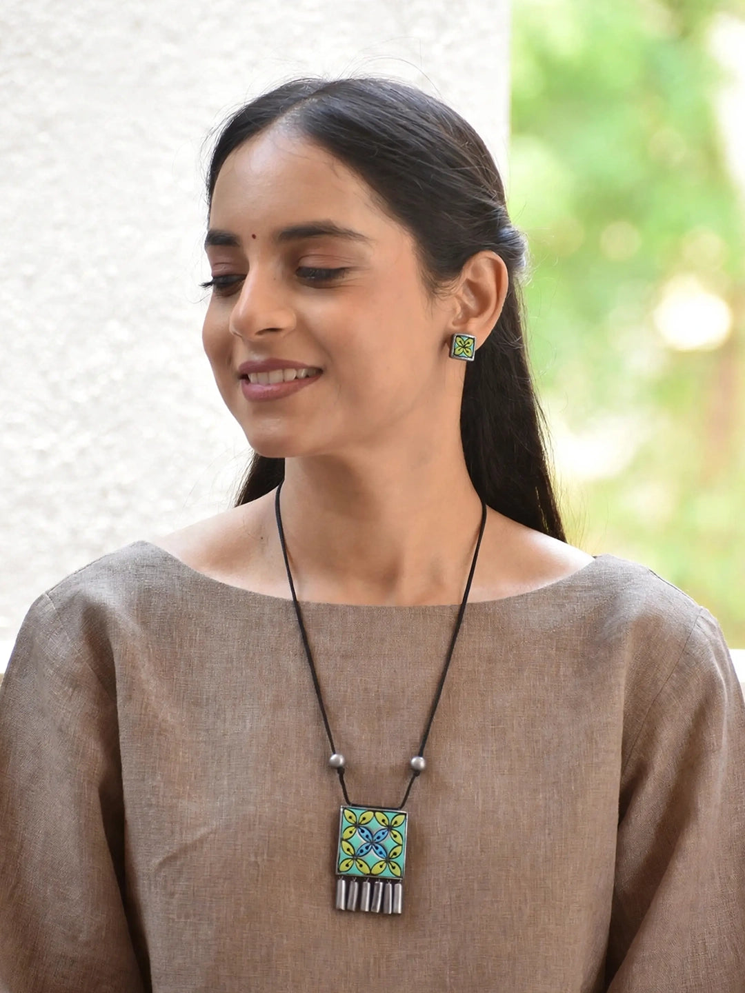 Turquoise Yellow Blue Grey Square Shape Floral Design Pattern Handmade Terracotta Necklace Set