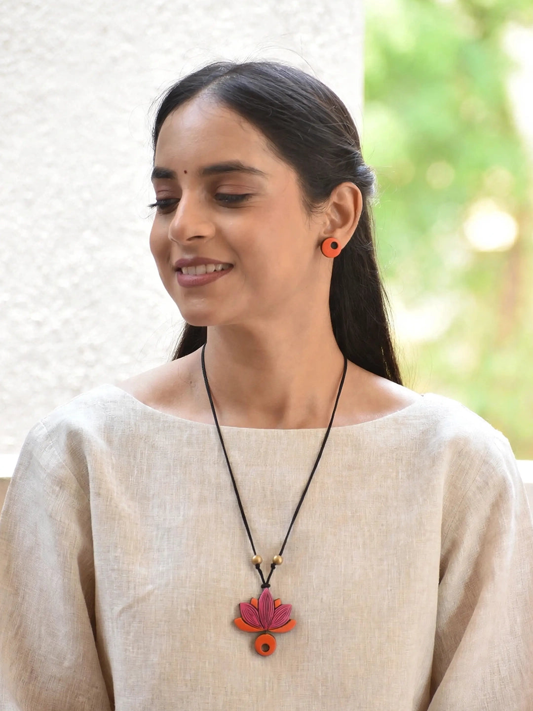 Lotus Design Pink Orange Handmade Terracotta Necklace Set