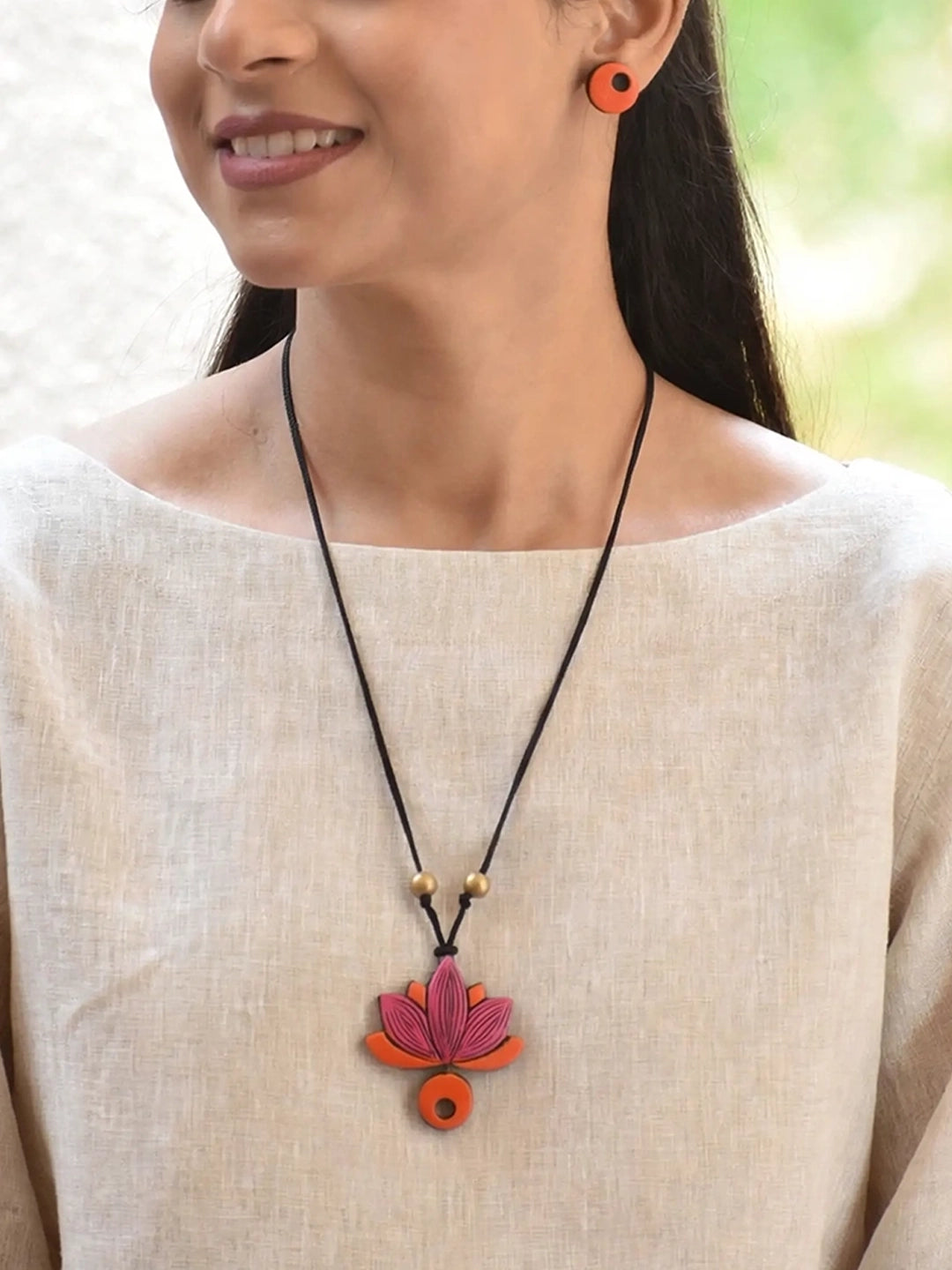 Lotus Design Pink Orange Handmade Terracotta Necklace Set