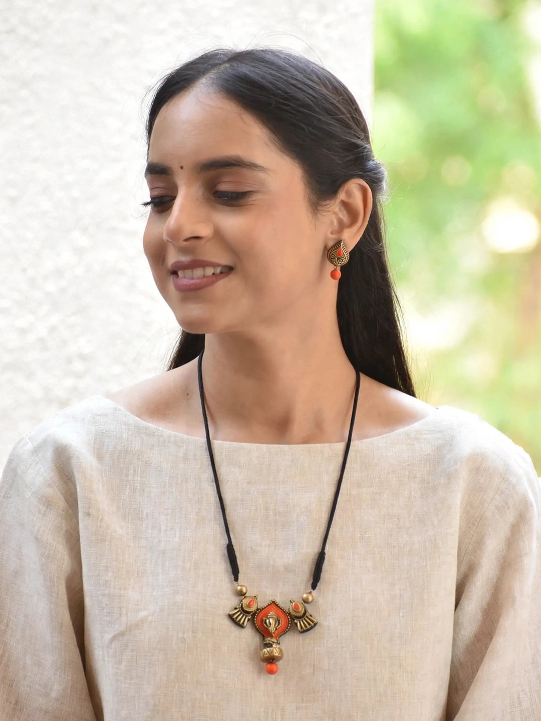 Leaf Ganesha Design Orange Antique Gold Handmade Terracotta Necklace Set