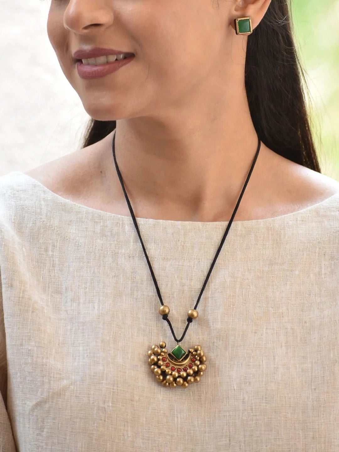 Half Moon Ghungroo Design Antique Gold Green Handmade Terracotta Necklace Set