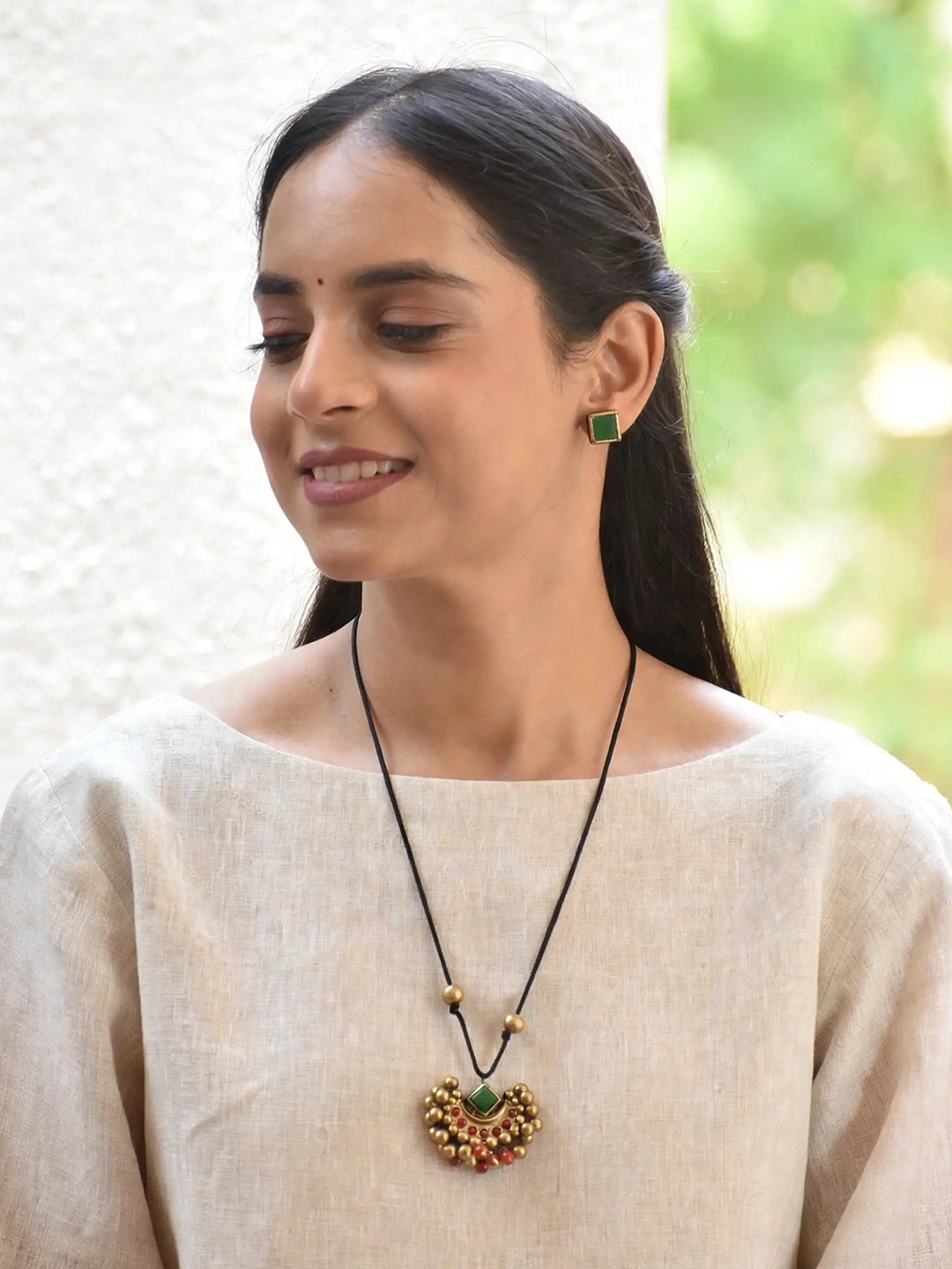 Half Moon Ghungroo Design Antique Gold Green Handmade Terracotta Necklace Set