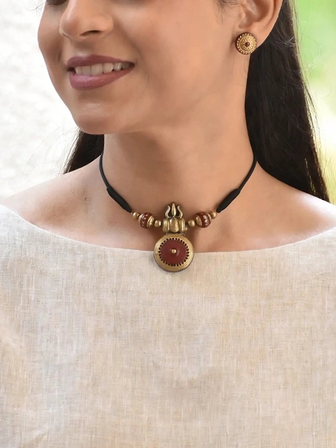 Trinetra — Trishul Design Antique Gold Brown Minimalistic Handmade Terracotta Necklace Set