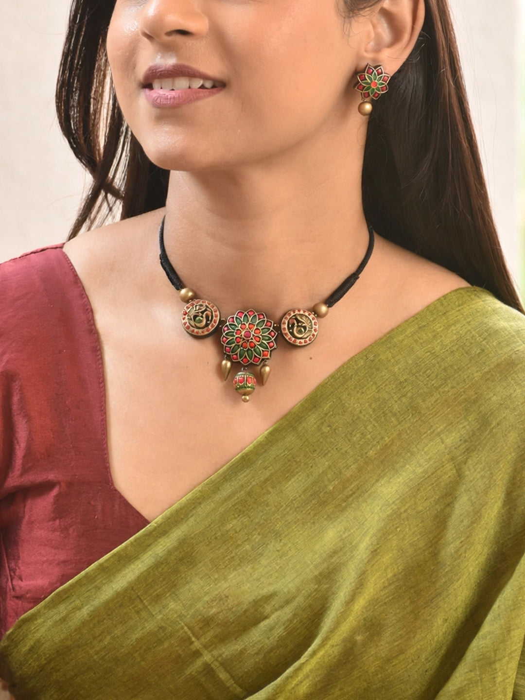 Chakramayura — Mandala Art and Peacock Design Circular Antique Gold Red Green Handmade Terracotta Choker Necklace Set