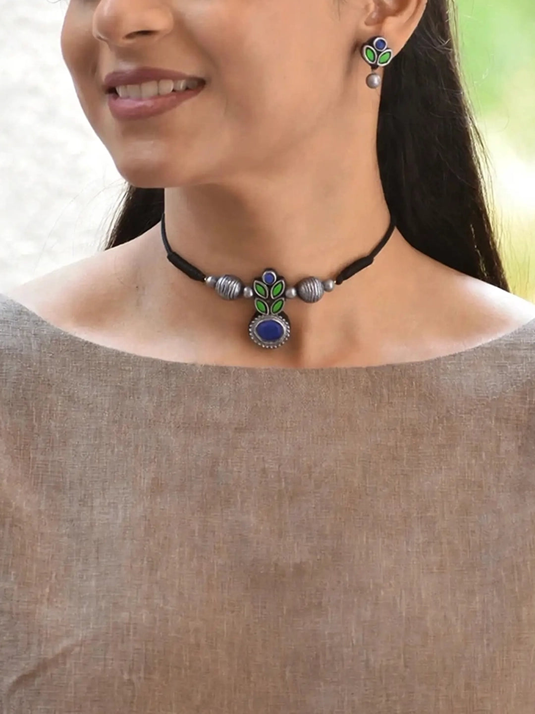 Leaf and Oval Design Antique Silver Green Blue Handmade Terracotta Necklace Set