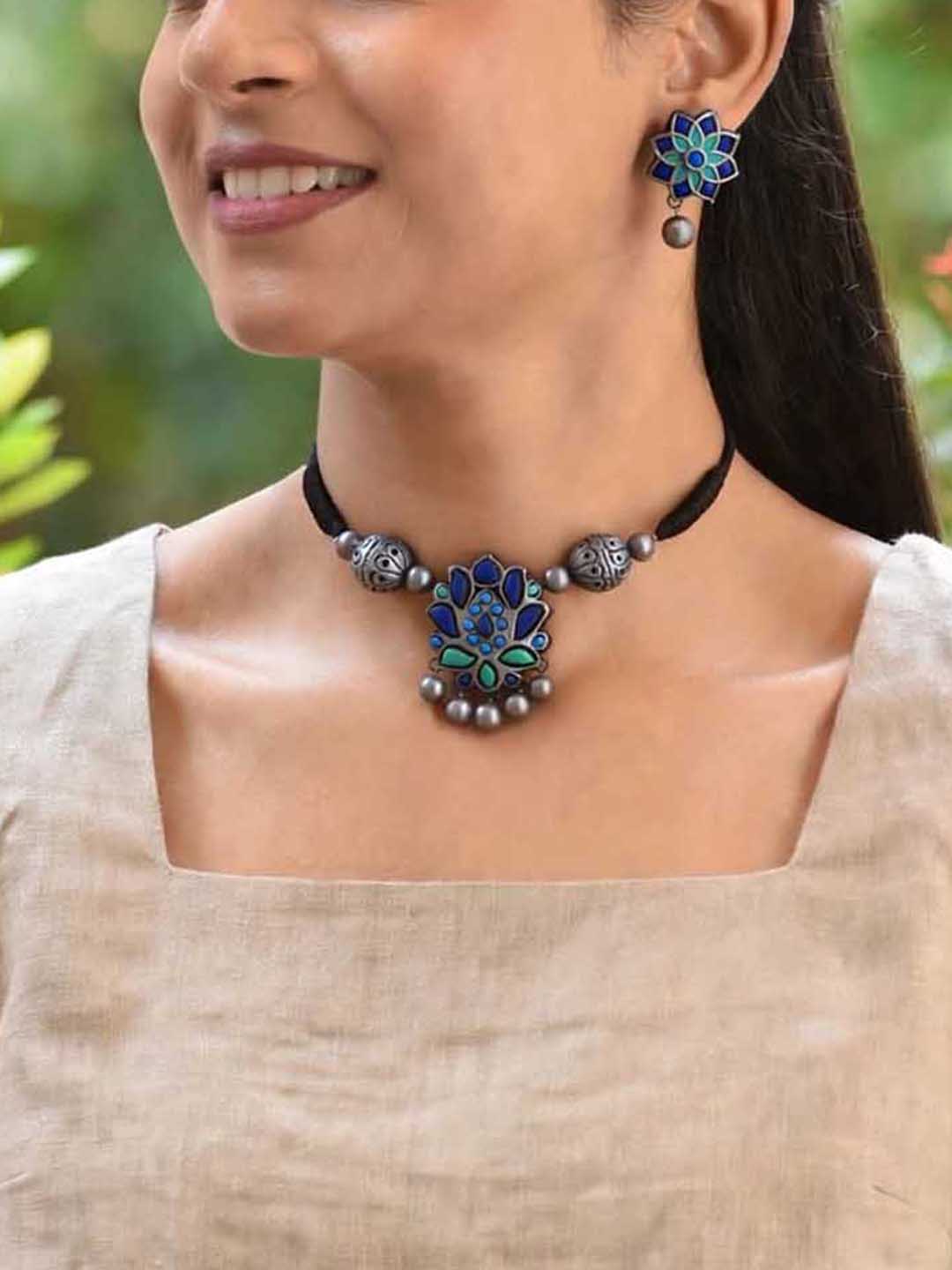 Antique Silver Blue Mandala Art Design Handmade Terracotta Necklace Set