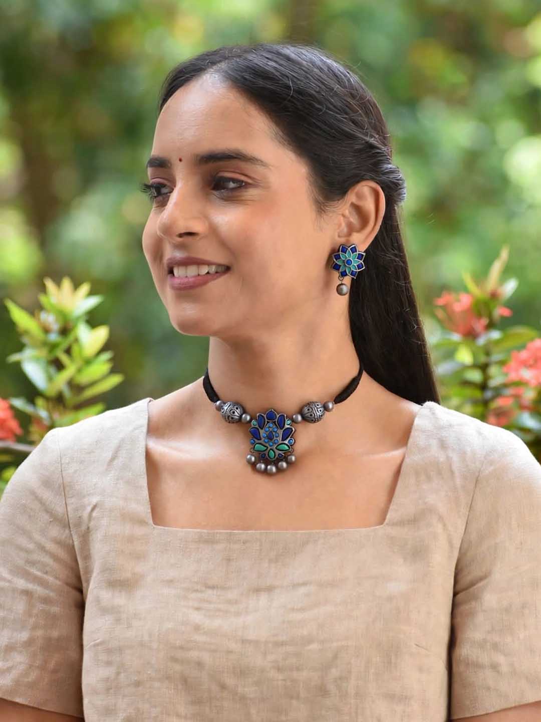 Antique Silver Blue Mandala Art Design Handmade Terracotta Necklace Set