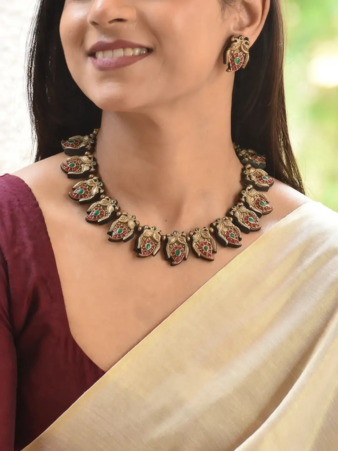 Mango Peacock Design Antique Gold Red Green Handmade Terracotta Necklace Set