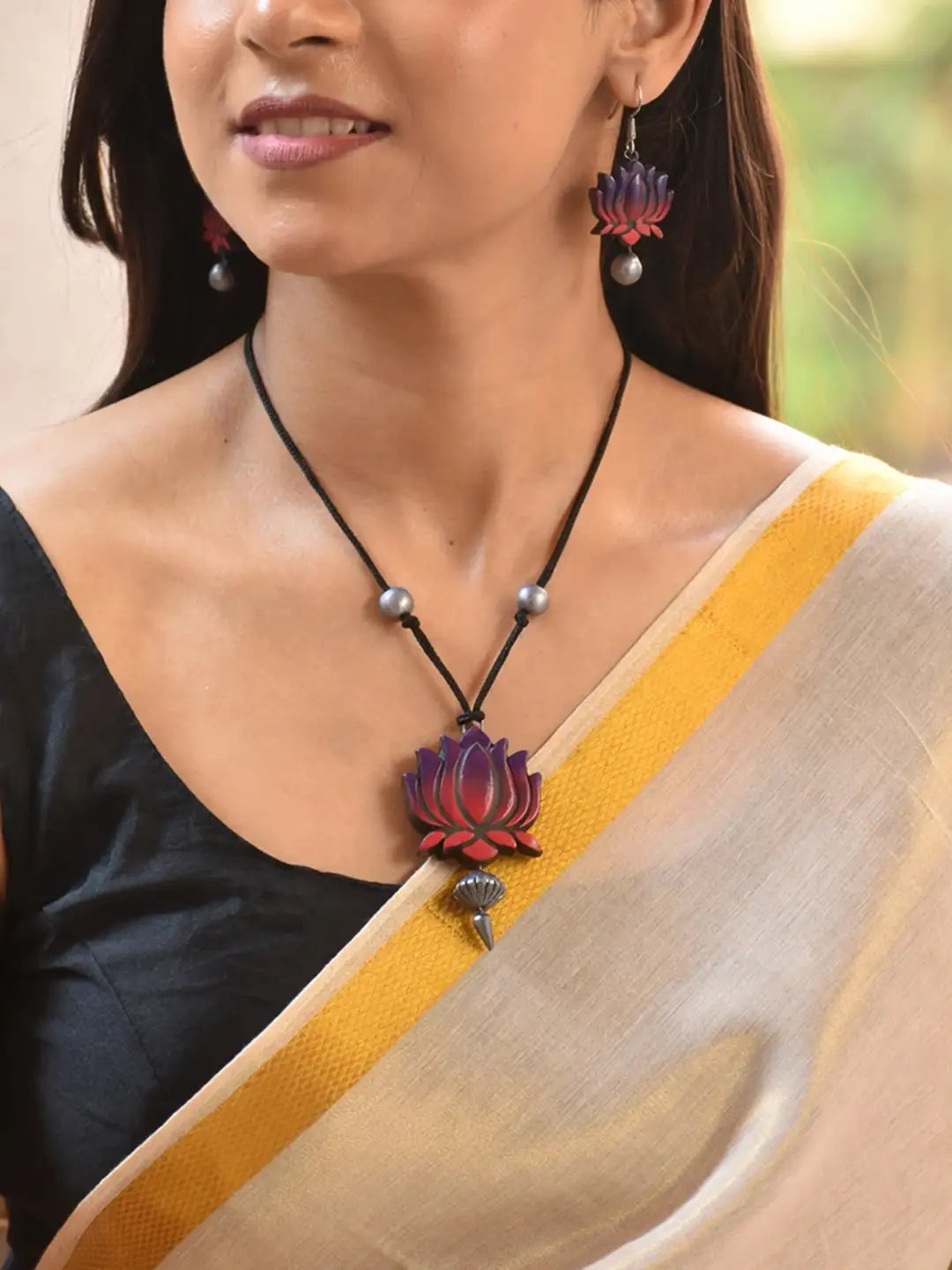 Purple Pink Silver Lotus Design Minimalistic Handmade Terracotta Necklace Set
