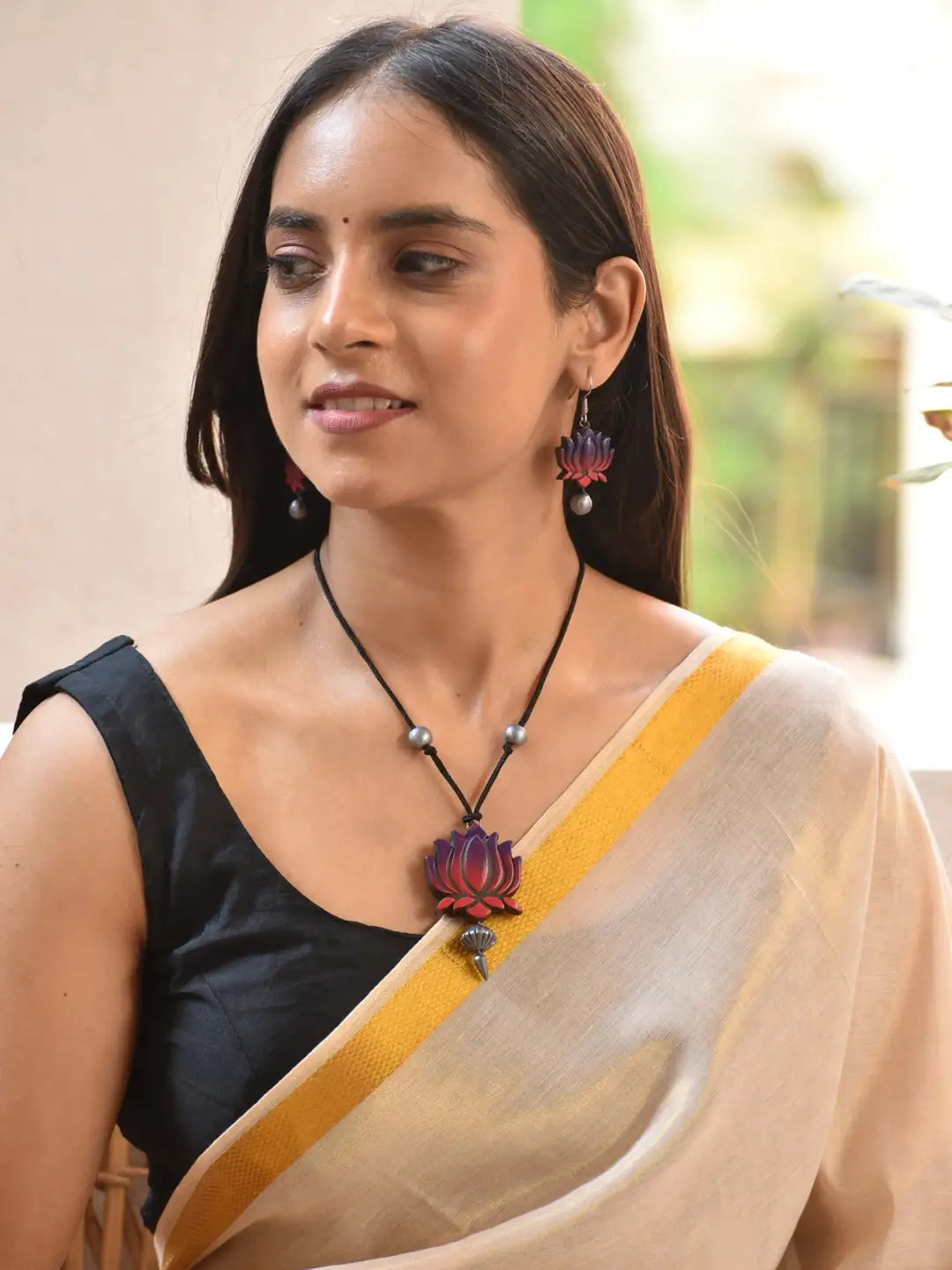 Purple Pink Silver Lotus Design Minimalistic Handmade Terracotta Necklace Set