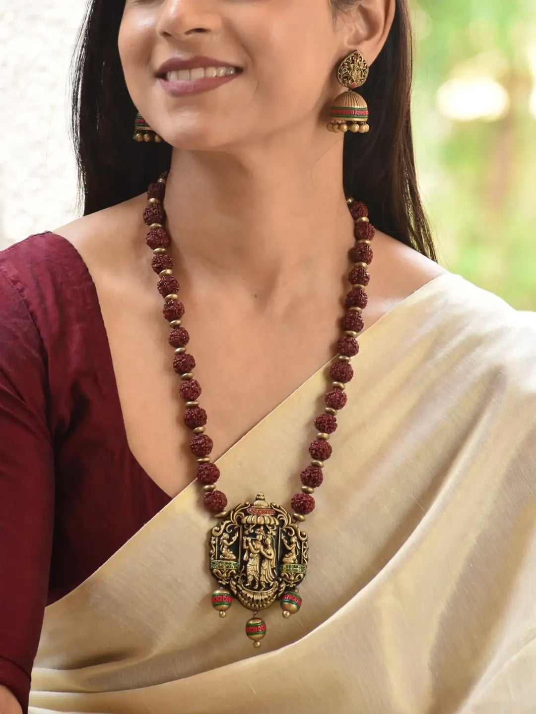 Antique Gold Red Green Orange Maroon Rudraksha Design Radha Krishna Handmade Terracotta Necklace Set