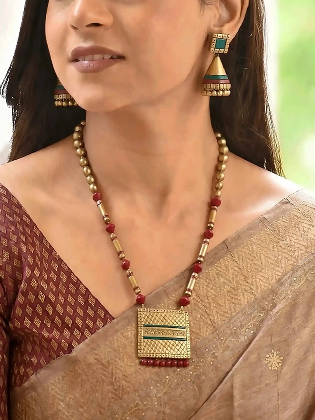 Mandala Art Square Design Maroon Antique Gold Dark Green Handmade Terracotta Long Necklace Set