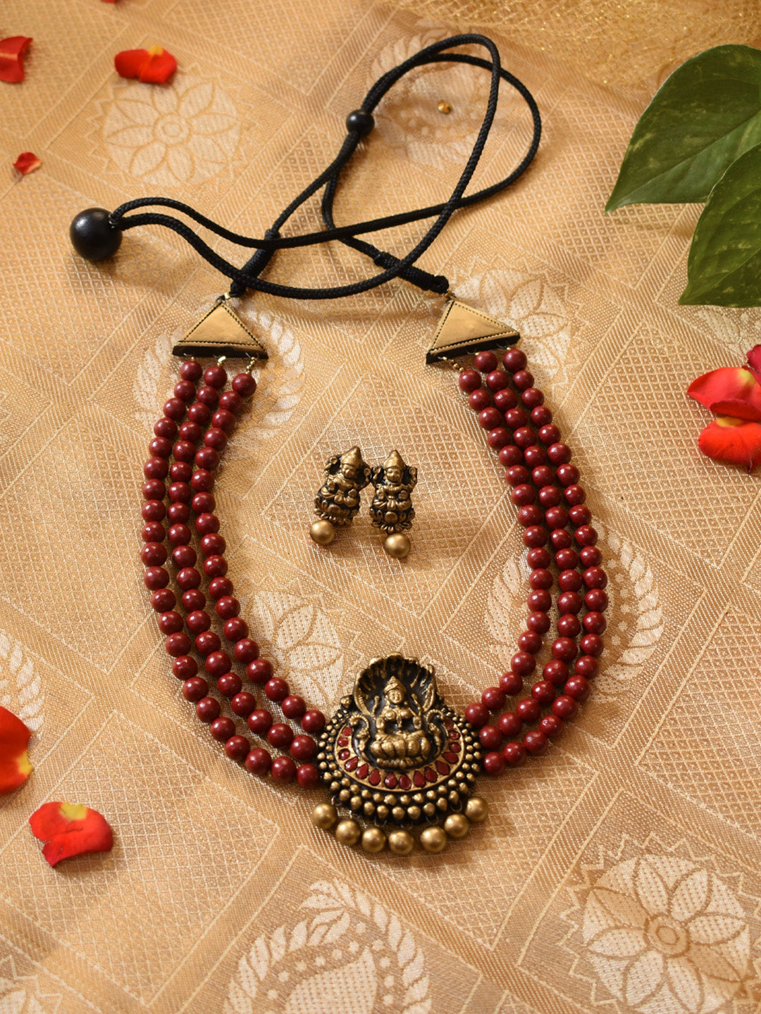 Mahashri Lakshmi — Antique Gold Maroon 3 Layered Beads Lakshmi Design Handmade Terracotta Necklace Set