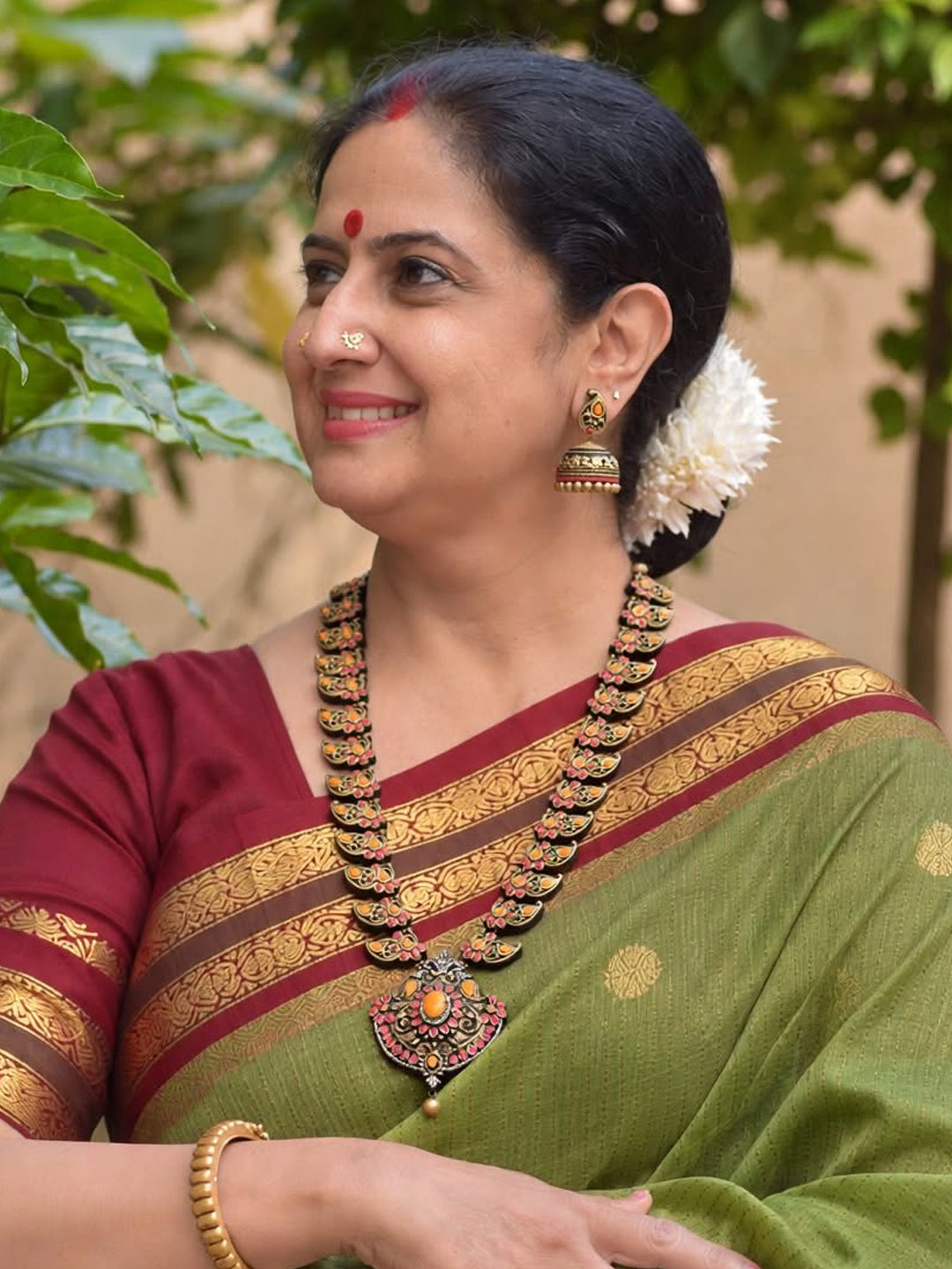 Antique Gold Pink Orange Mango Design Haram Style Temple Handmade Terracotta Necklace Set