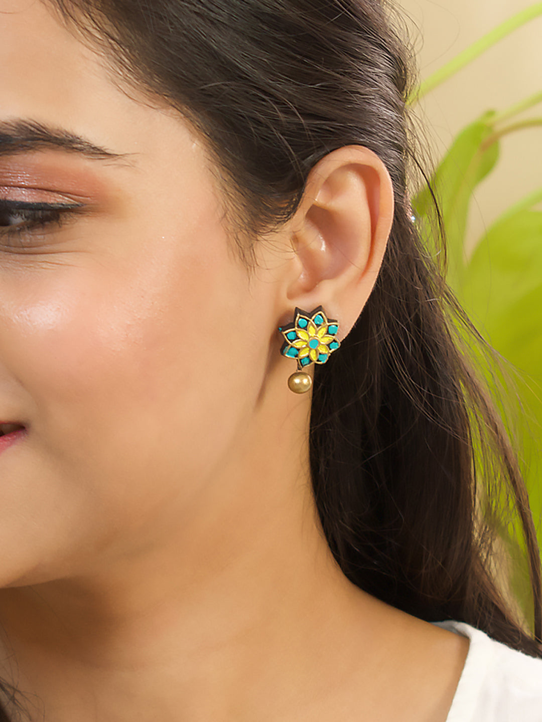 Yellow Green Antique Gold Floral Mandala Work Handmade Terracotta Stud Earrings