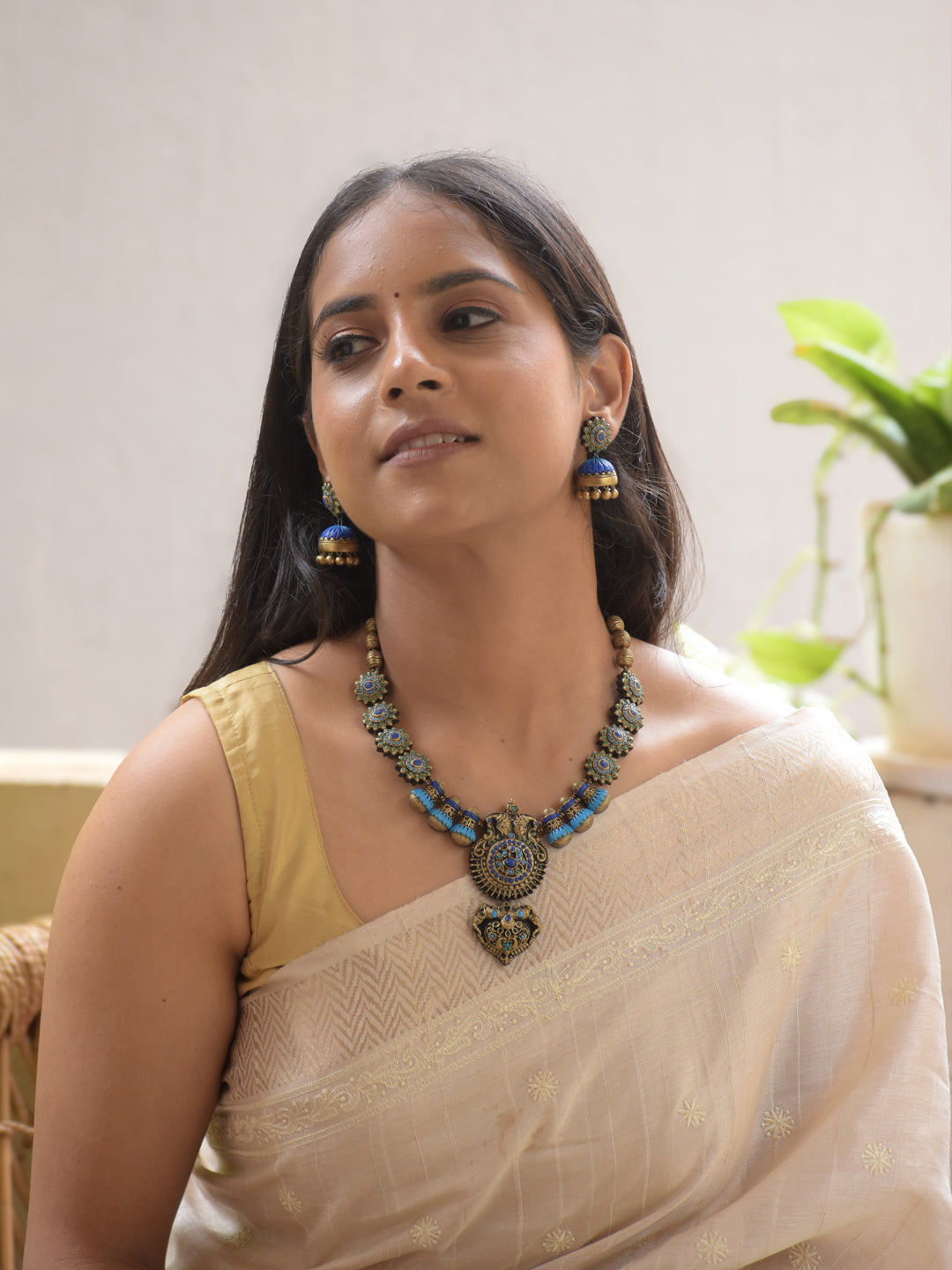 Neelambari - Handmade Terracotta Blue Statement Necklace Set with Floral Motifs and Antique Finish Earrings