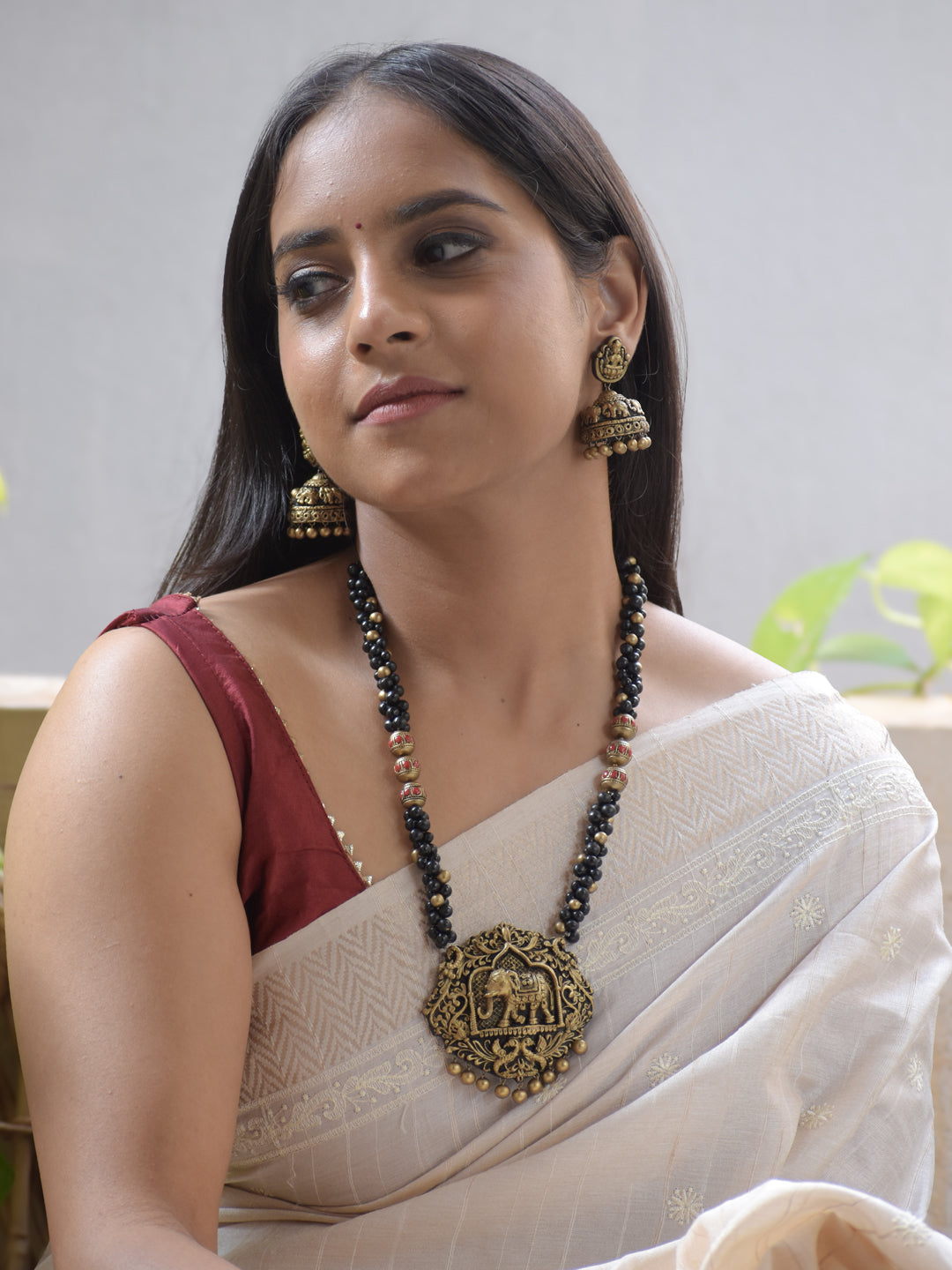 Gajapriya - Handmade Terracotta Elephant Motif Necklace Set with Black Beads and Antique Finish Earrings