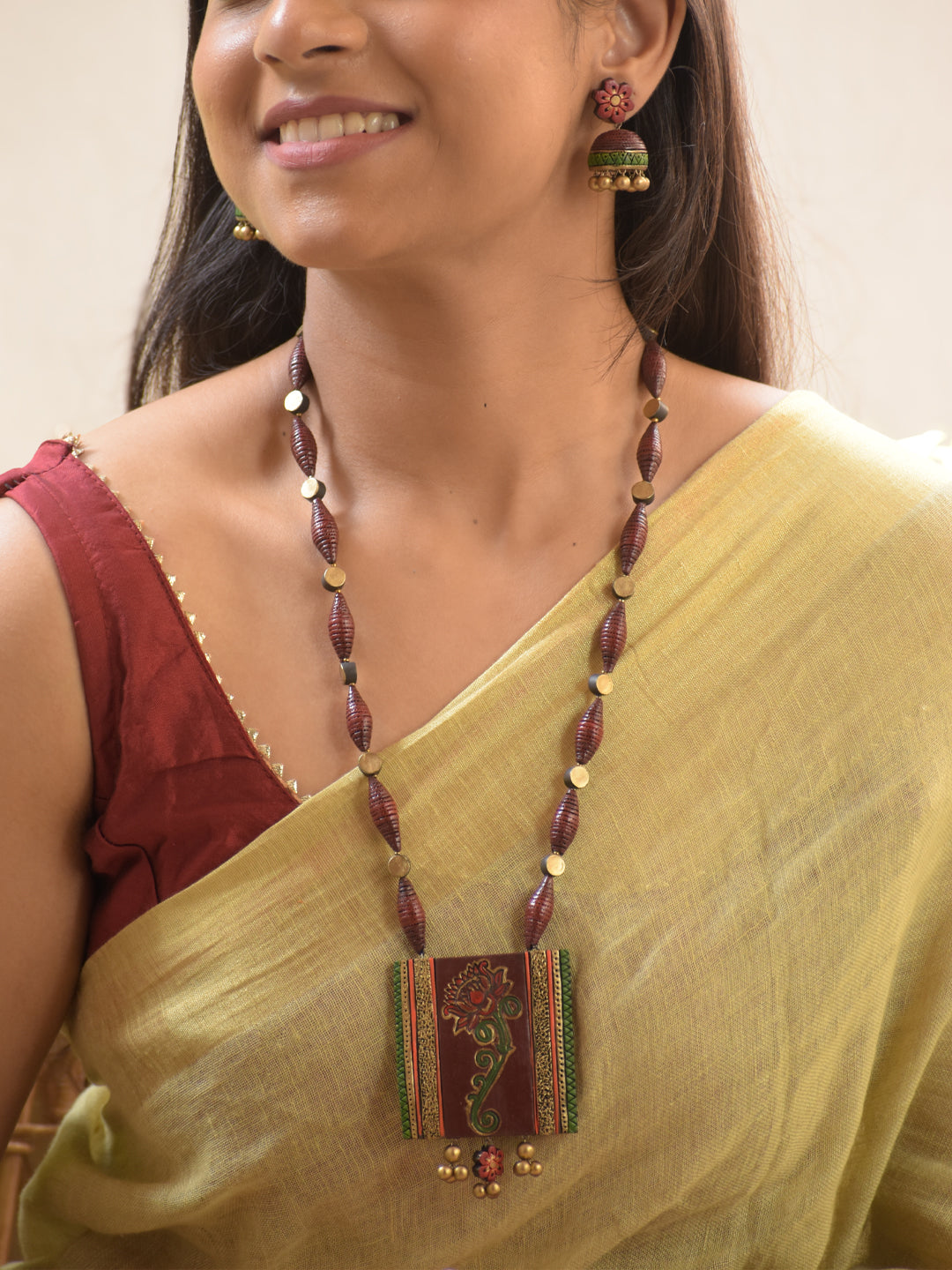 Padmara  - Handmade Terracotta Block Pendant Necklace Set with Lotus Art and Red Beads and Matching Earrings