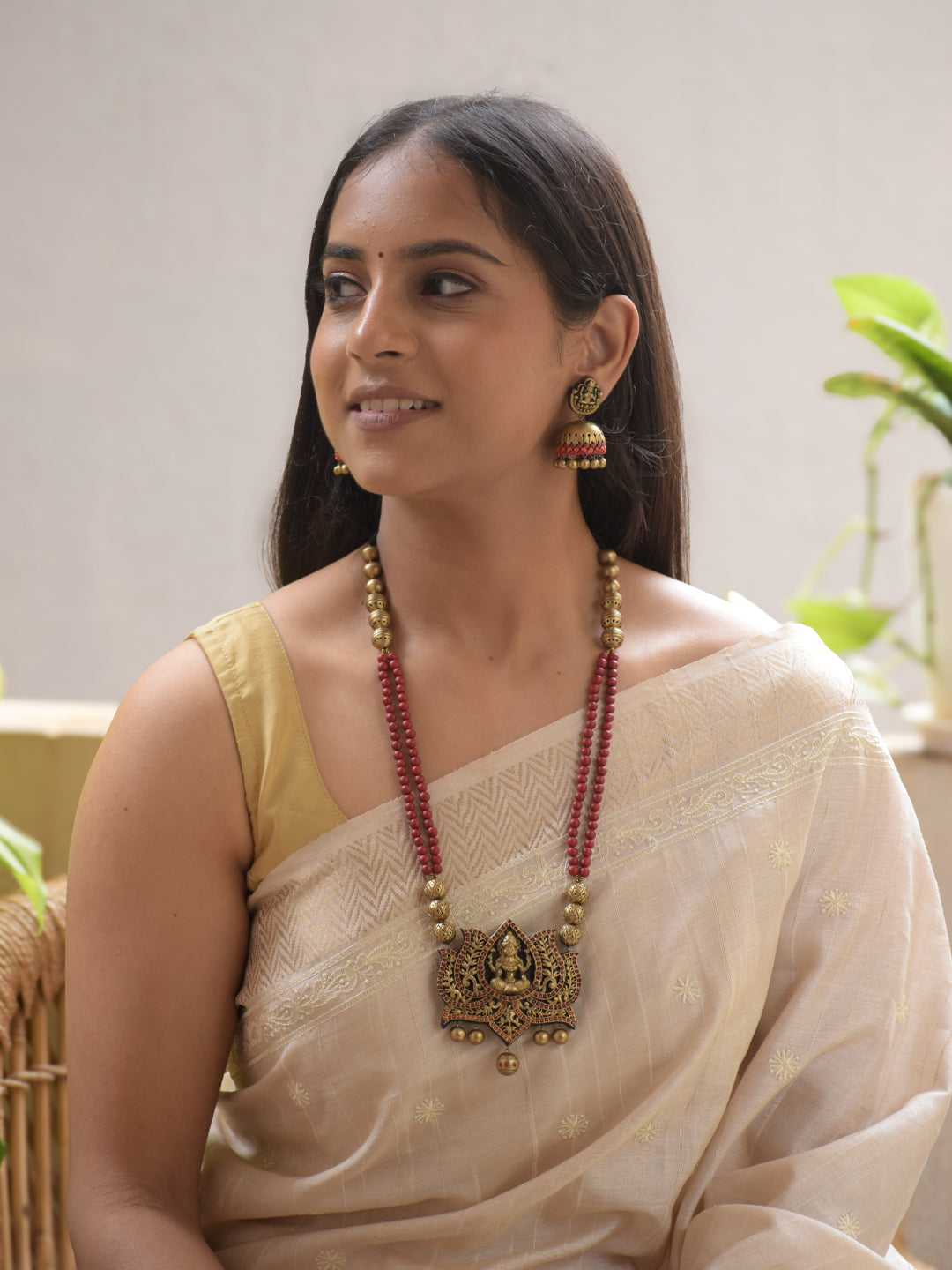 Padmalaya - Handmade Terracotta Lakshmi Pendant Necklace Set with Red Beads and Antique Lotus Frame and Matching Earrings