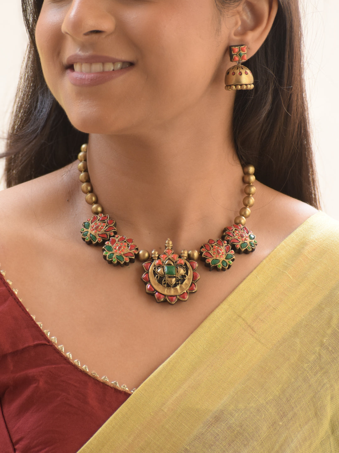Kamayani - Handmade Terracotta Floral Lotus Necklace Set in Red & Green and Matching Earrings