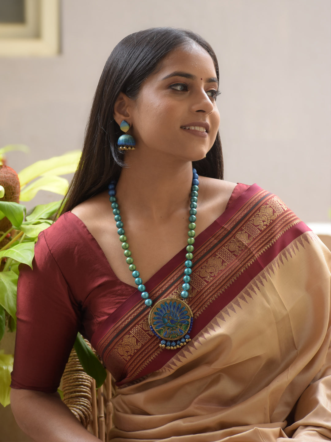 Neela - Handmade Terracotta Peacock Motif Necklace Set – Blue & Green Beads and Matching Earrings