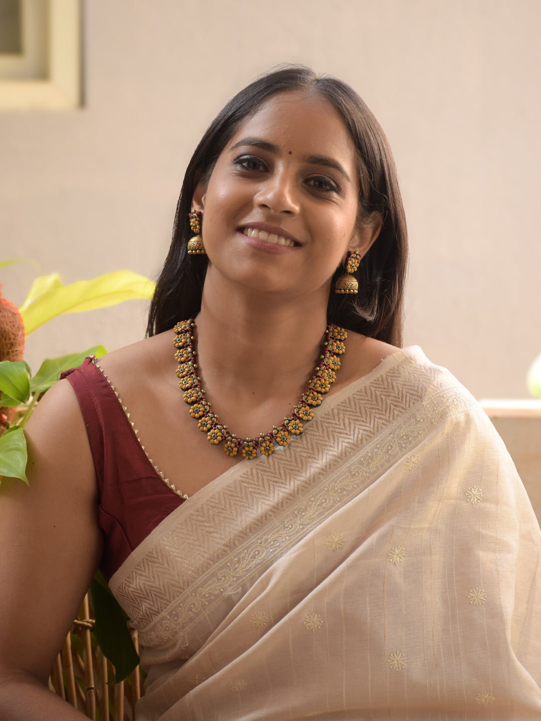 Pushkara - Handmade Terracotta Floral Necklace Set – Yellow Red & Antique Gold Earrings