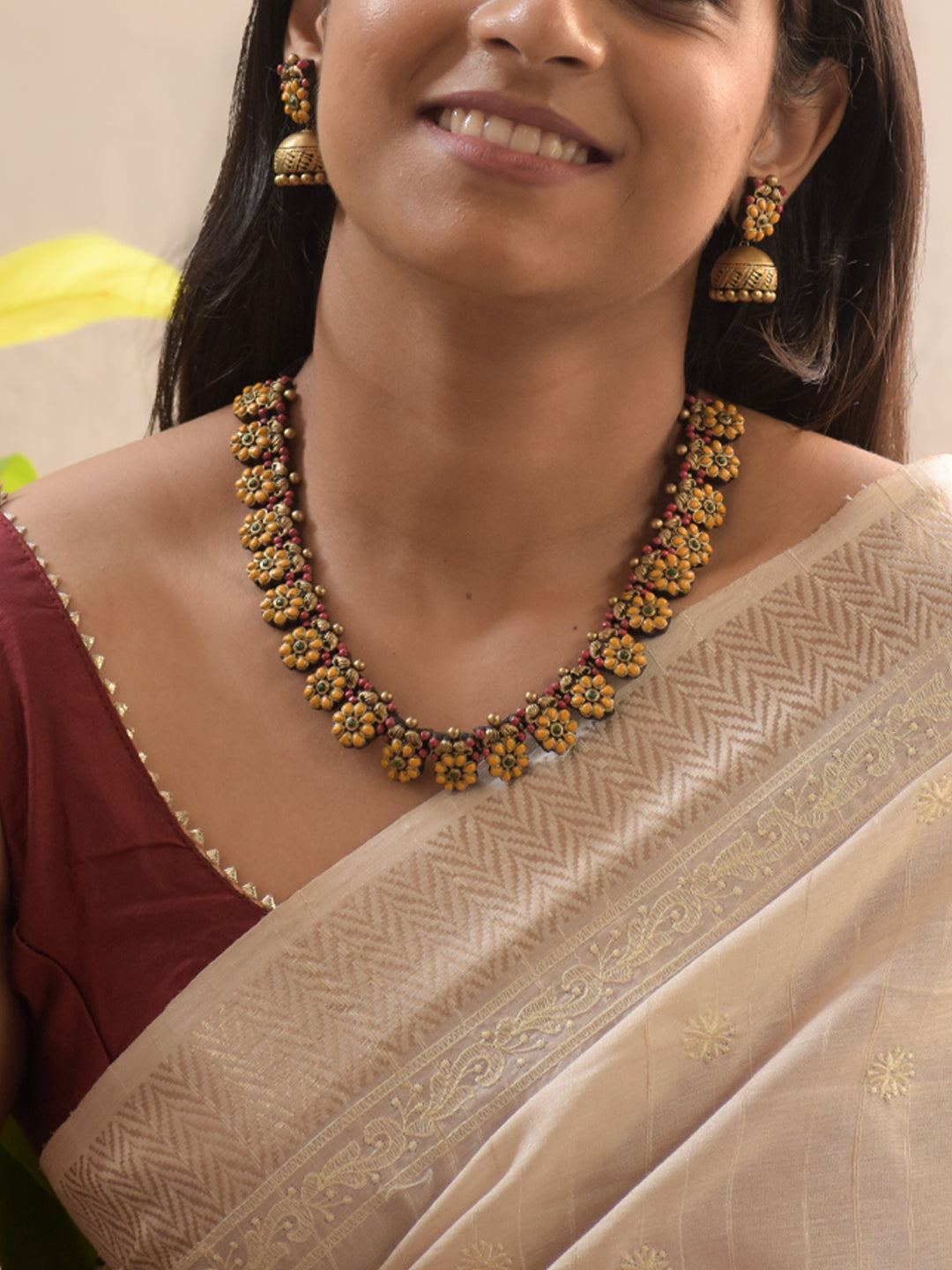 Pushkara - Handmade Terracotta Floral Necklace Set – Yellow Red & Antique Gold Earrings