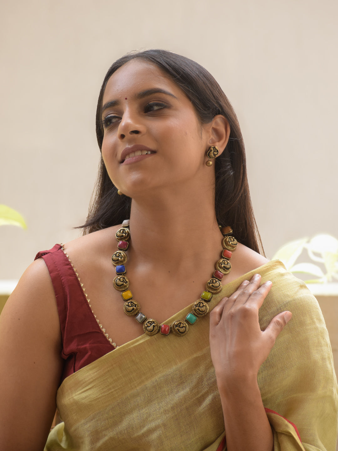 Navaratna Noor - Handmade Terracotta Navaratna Necklace Set – Ethnic Multicolor Charm Matching Earrings