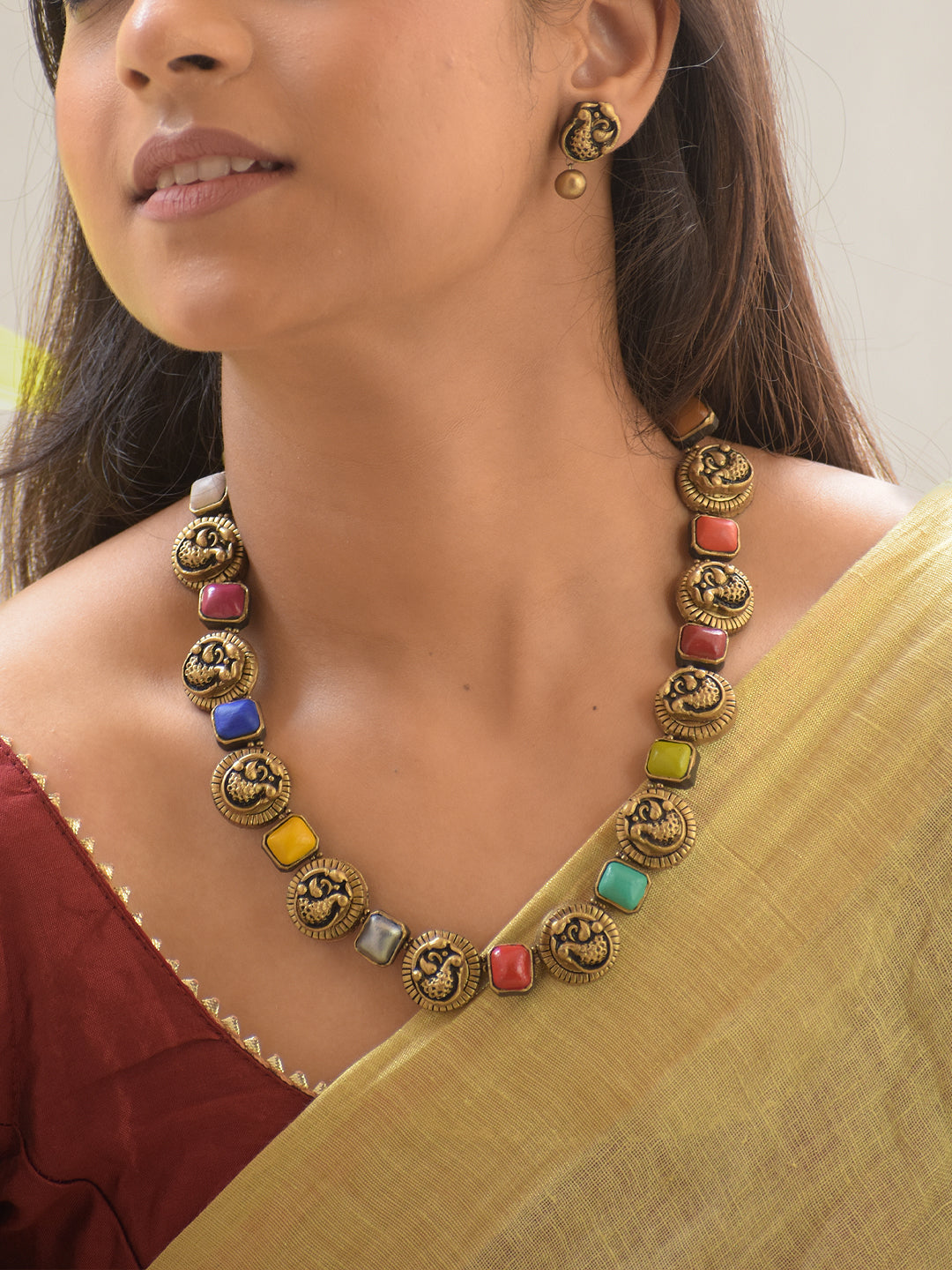 Navaratna Noor - Handmade Terracotta Navaratna Necklace Set – Ethnic Multicolor Charm Matching Earrings