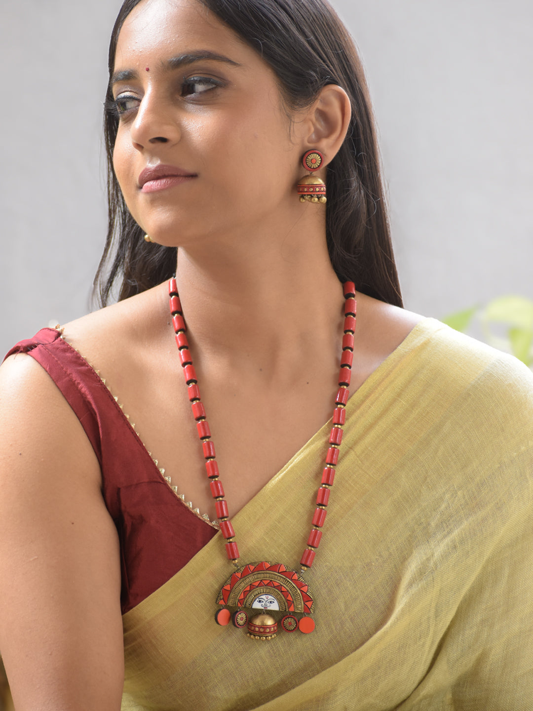 Rangini - Handmade Terracotta Kathakali Red Necklace Set – in Red and Antique Gold Bold Artistic Statement Matching Earrings