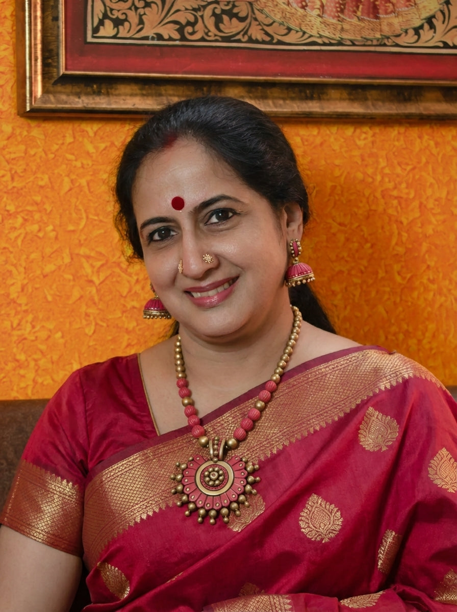 Handmade Circular Design Hand Painted Red Pink Finish Terracotta Jewelry Set