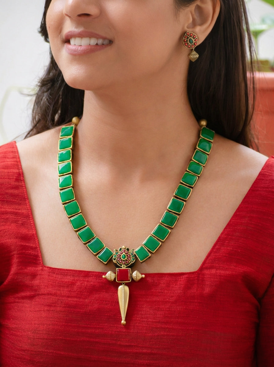 Charvika — Green Square Motifs Design with Red/Gold Pendant Handmade Terracotta Necklace Set