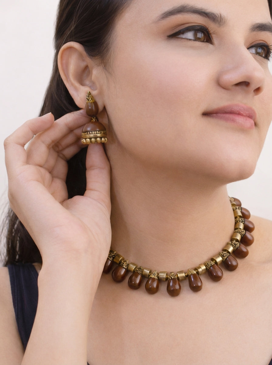 Kokoa — Tear Drop Design Handmade Terracotta Mocha Brown Colour Choker Necklace Set