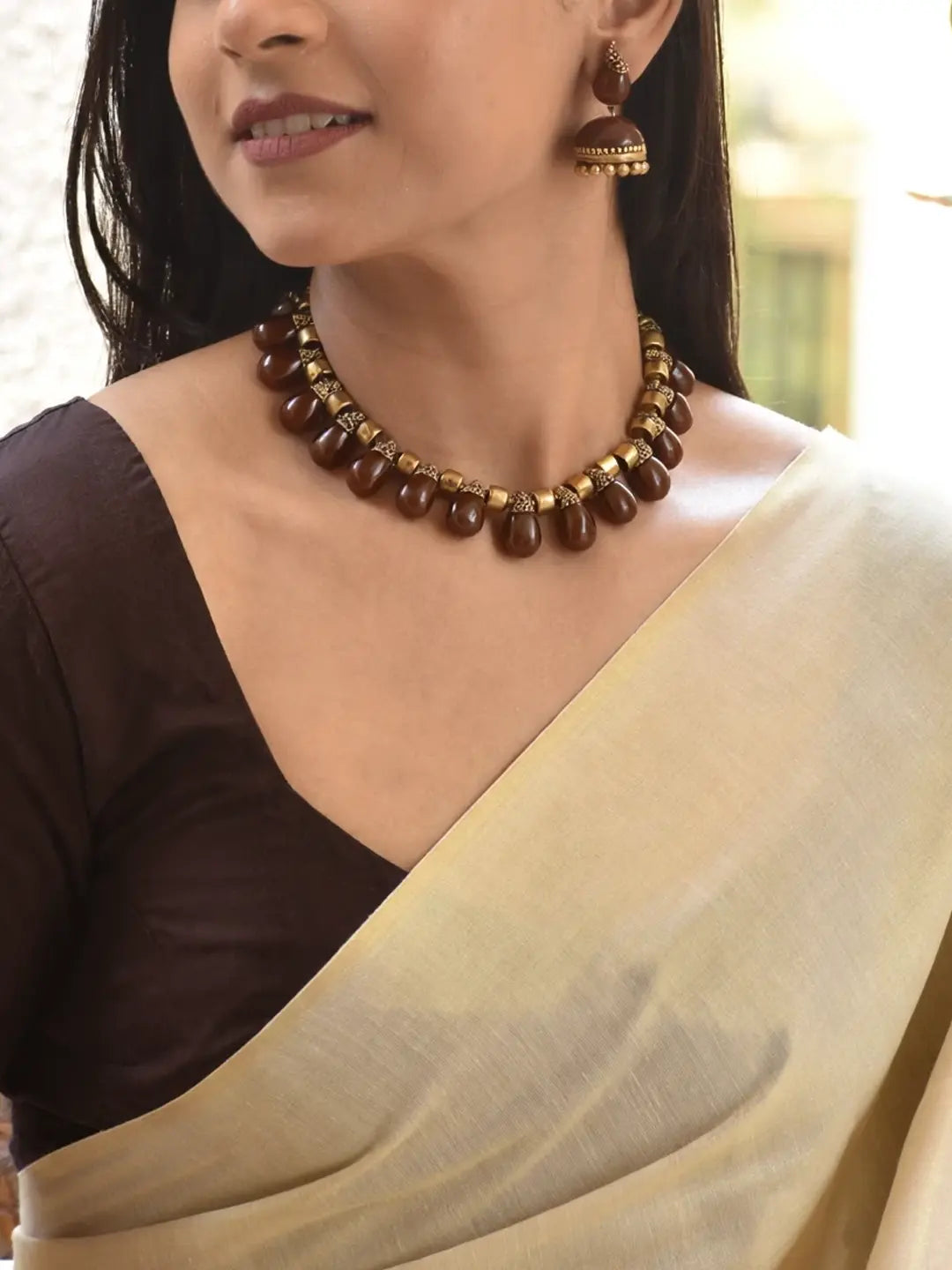 Kokoa — Tear Drop Design Handmade Terracotta Mocha Brown Colour Choker Necklace Set