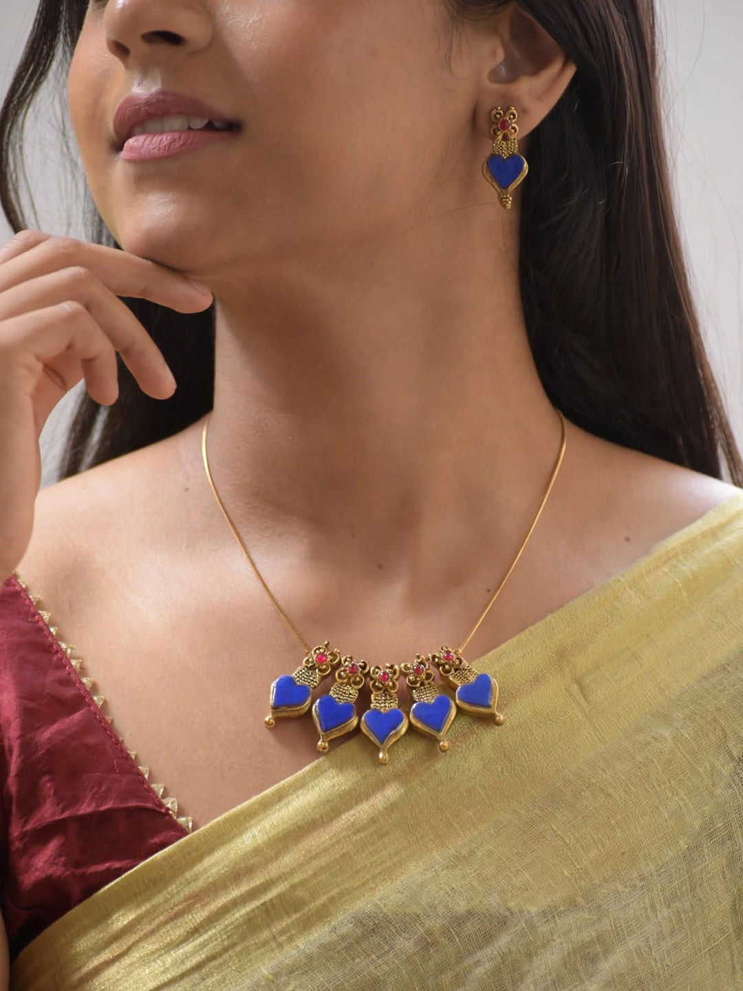 Sapphire Whisper 💙 — Minimal Blue Hearts Terracotta Necklace Set