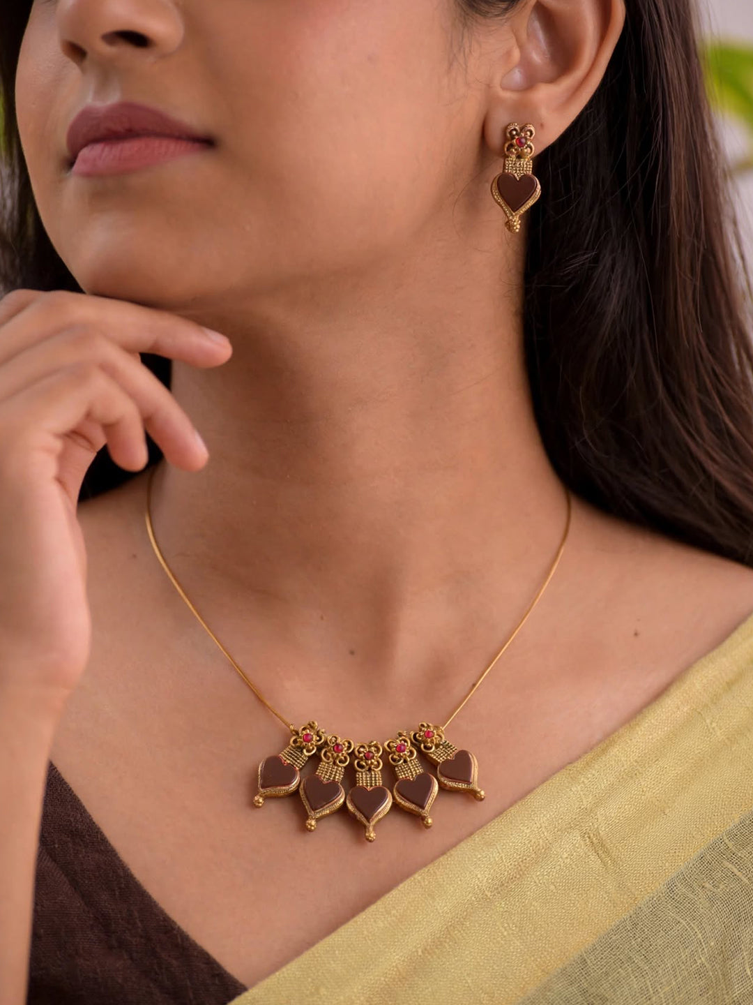Mocha Whisper 🤎 — Minimal Chocolate Brown Hearts Terracotta Necklace Set