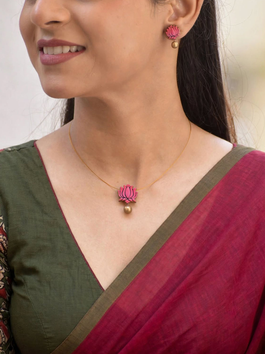 Terracotta Pink Lotus Pendant Necklace with Matching Stud Earrings