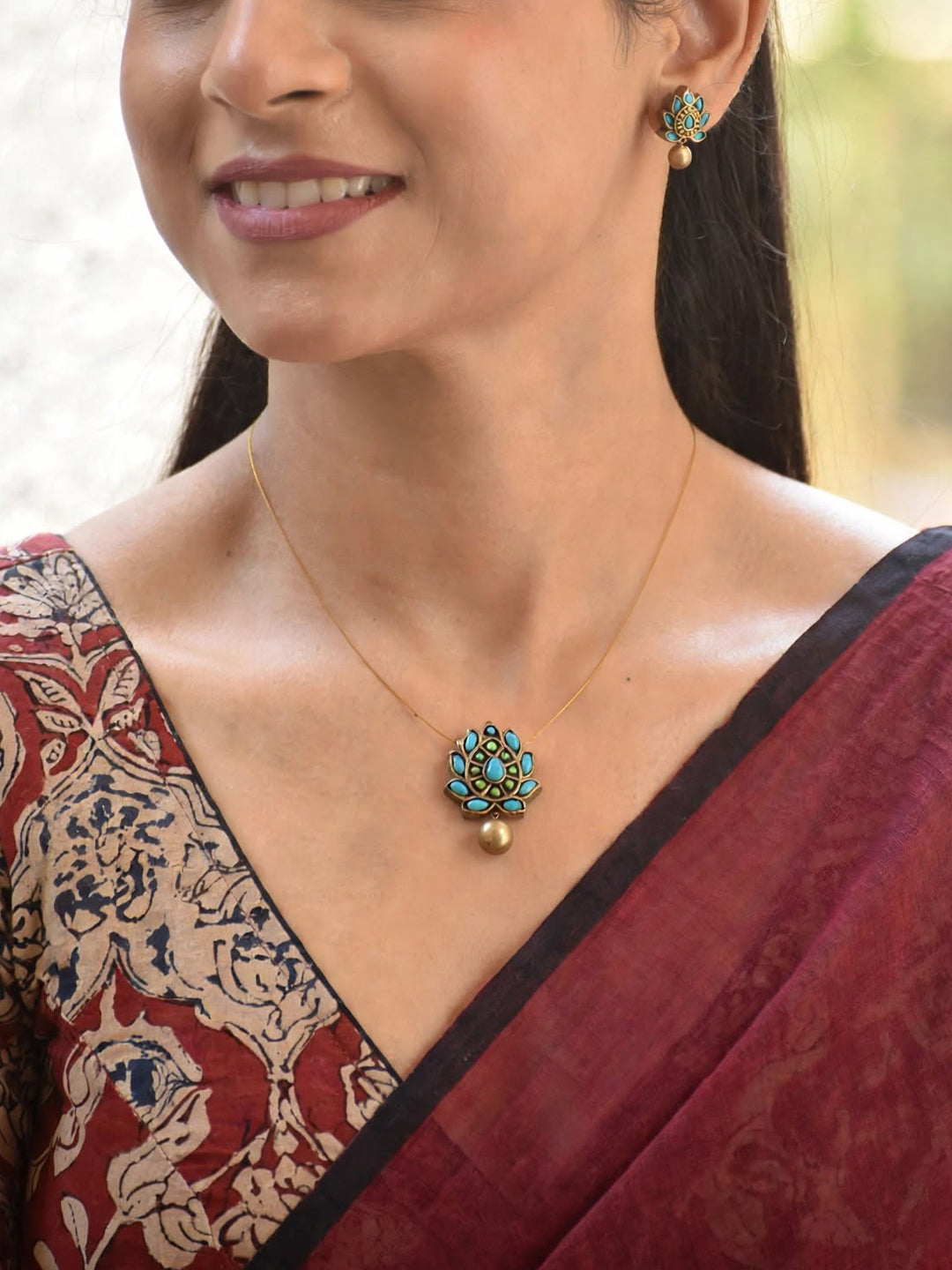 Terracotta Teardrop Floral Pendant Necklace with Matching Stud Earrings
