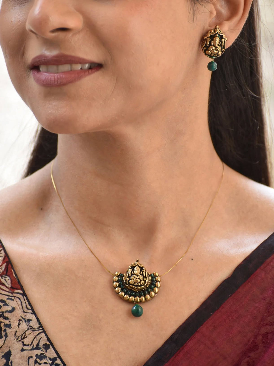 Terracotta Temple Pendant Necklace with Green Bead Drop & Matching Stud Earrings
