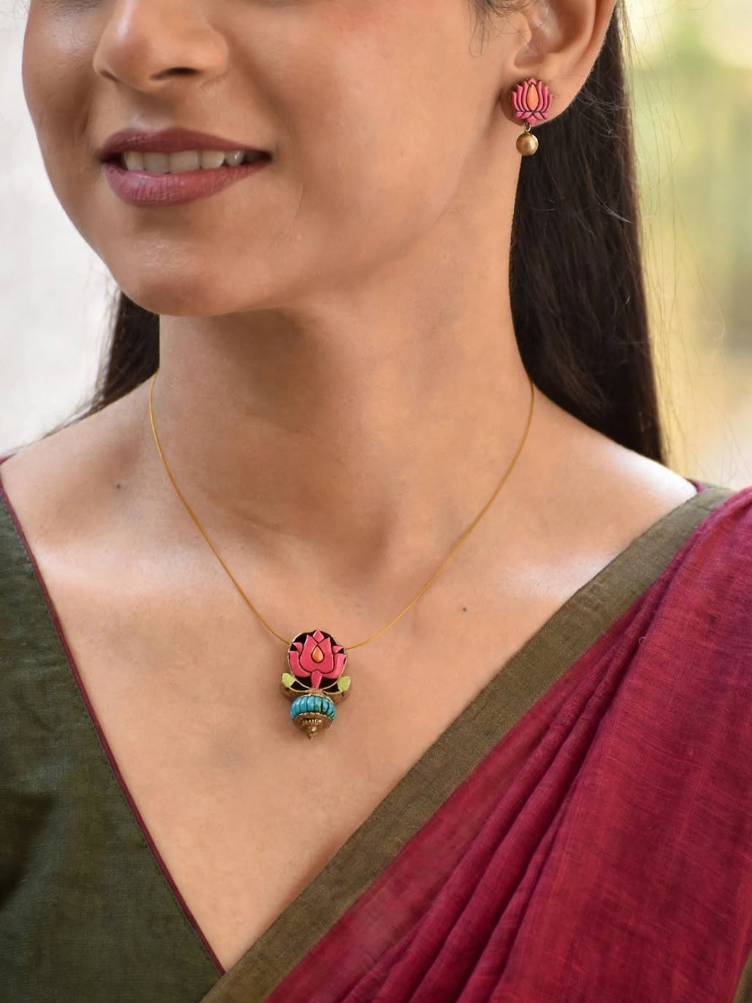 Terracotta Pink Lotus Pendant Necklace with Green Bead Drop & Matching Stud Earrings