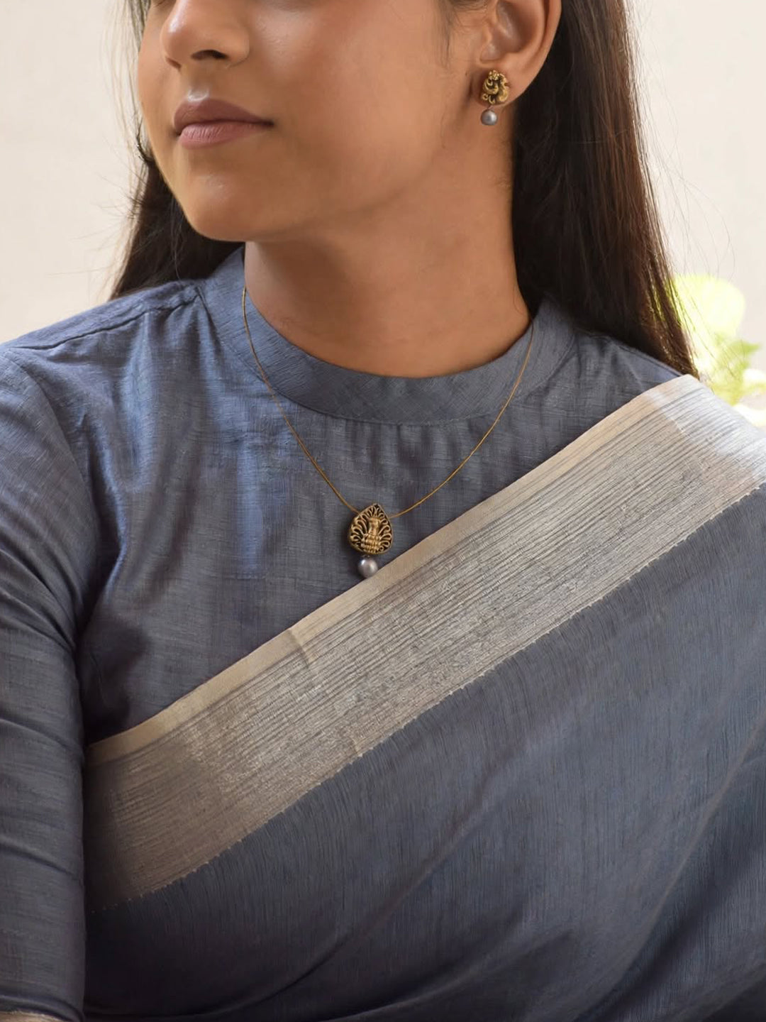 Terracotta Antique Gold Leaf Pendant Necklace with Grey Pearl Drop & Matching Stud Earrings