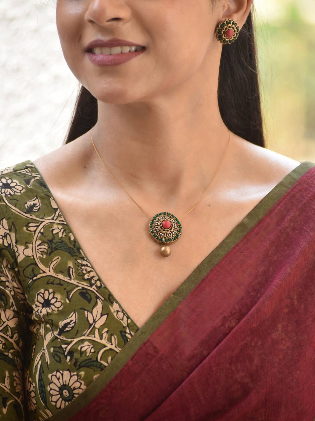 Terracotta Antique Coin Motif Pendant Necklace with Pink Bead Drop & Matching Stud Earrings