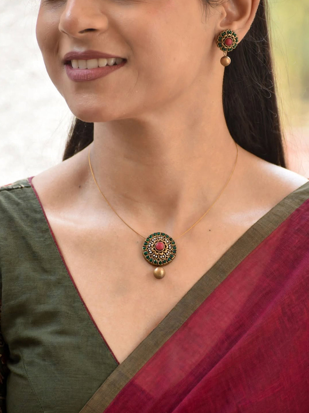 Terracotta Green Floral Pendant Necklace with Pink Stone Center & Gold Bead Drop Earrings