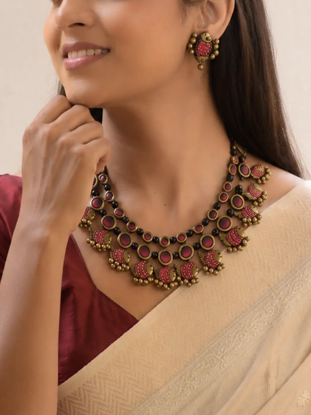 Designer Handmade Terracotta Meenakari Three Layered Fish Design Choker Necklace Set